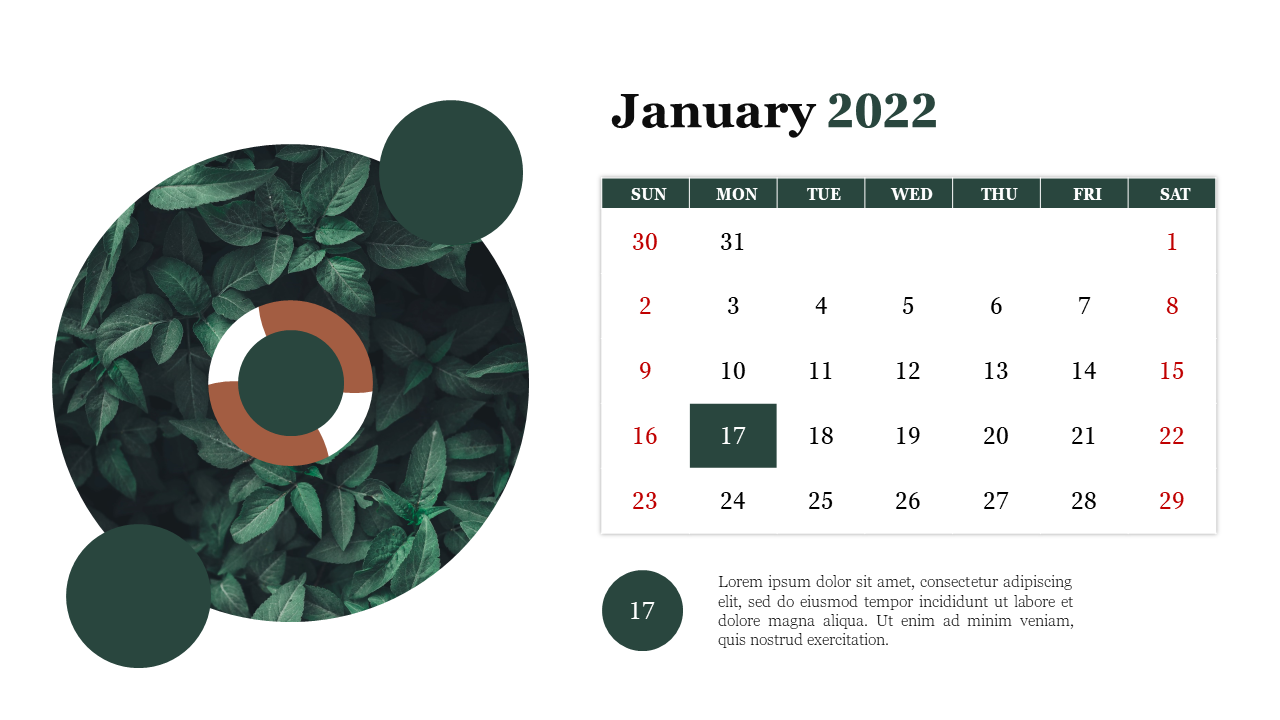 2022 Year Planner PowerPoint slide showing a calendar for January with a highlighted date and a leafy background.