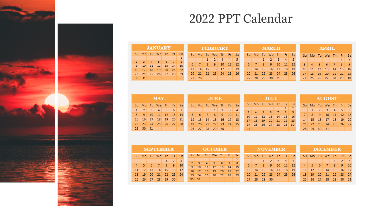 2022 calendar template displaying monthly grids in vibrant orange shade, placed next to a beautiful sunset scene.