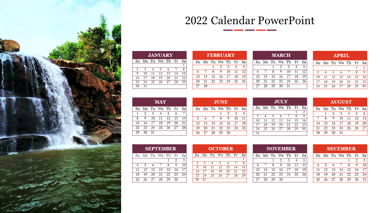 2022 PowerPoint calendar template with a scenic waterfall background, featuring all months and their respective dates.