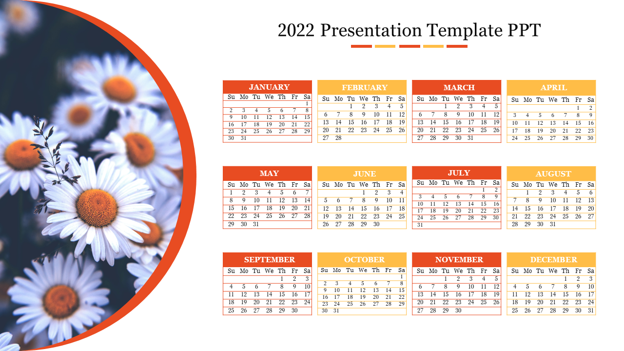 2022 calendar template featuring monthly grids with vibrant orange and yellow headers, alongside a daisy themed background.