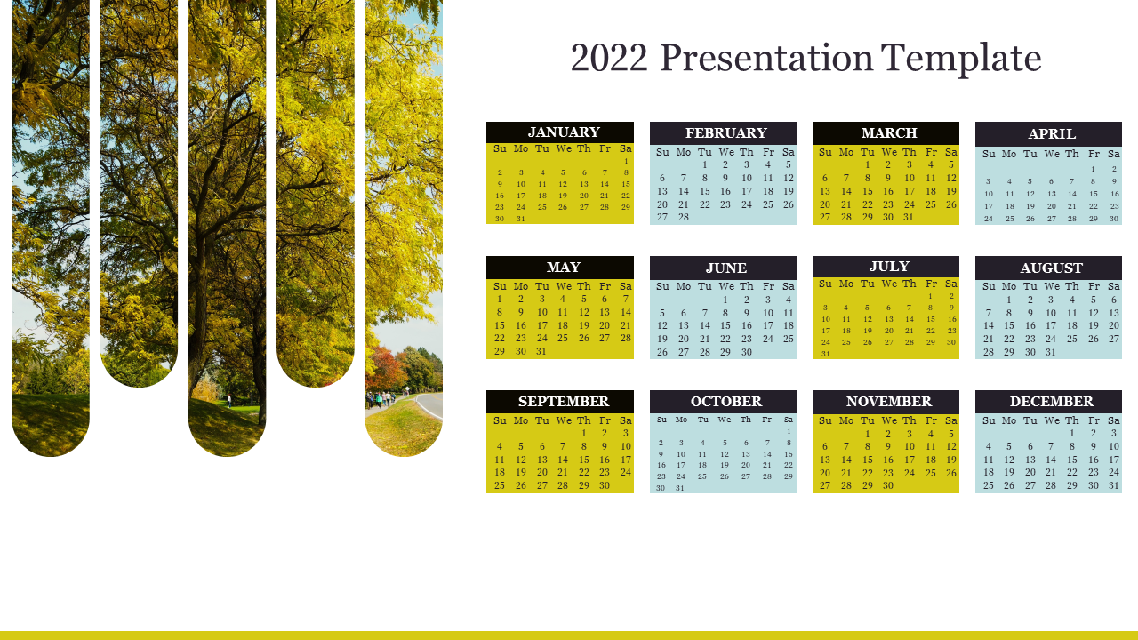 2022 calendar PowerPoint template with a nature inspired background and colorful monthly calendar layouts.