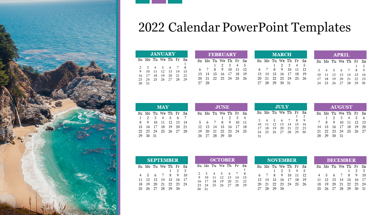 2022 calendar layout in green and purple header with a scenic beach photo on the left and monthly grids on the right.