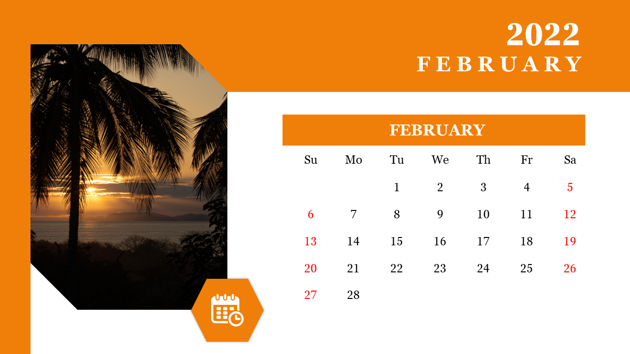 Calendar layout for February 2022 featuring a tropical sunset and palm leaves with an orange border.