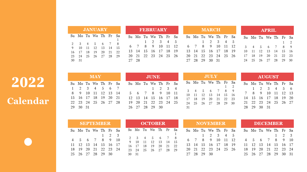 2022 calendar template with monthly grids in orange and red, featuring day labels and a yellow year section on the left.