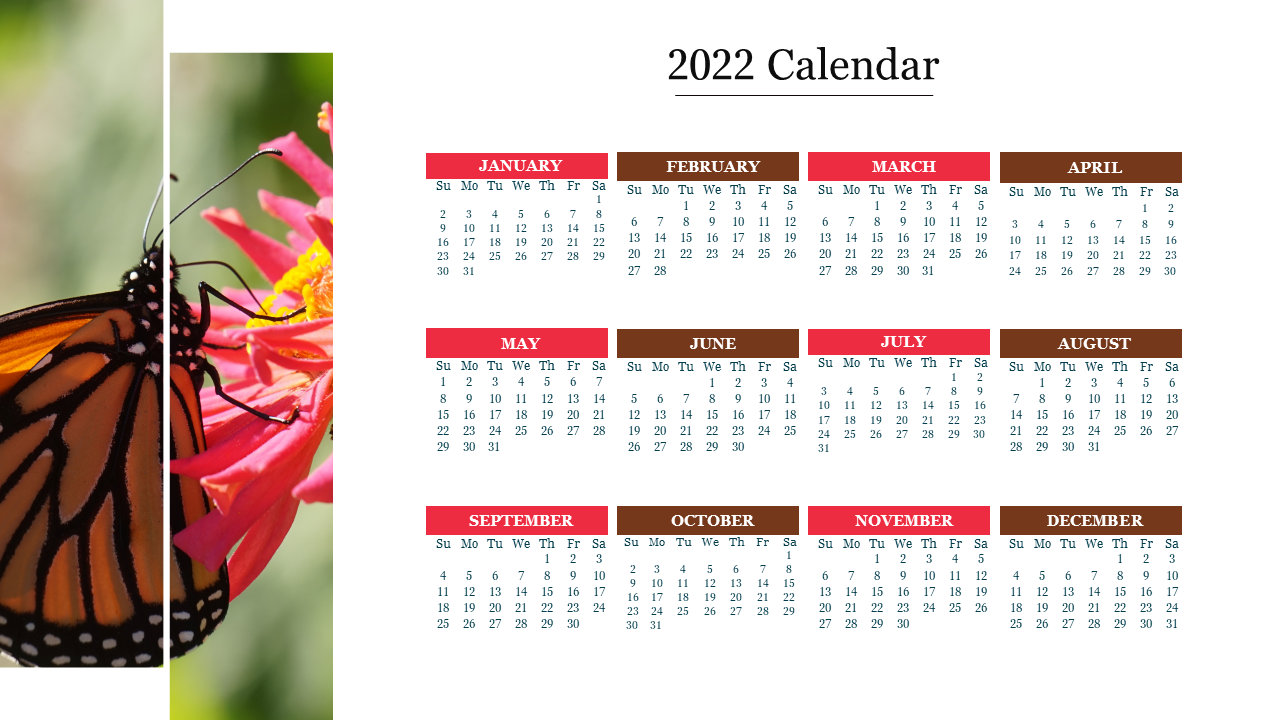 2022 calendar template with a butterfly and flower image on the left, displaying each month with days of the week.