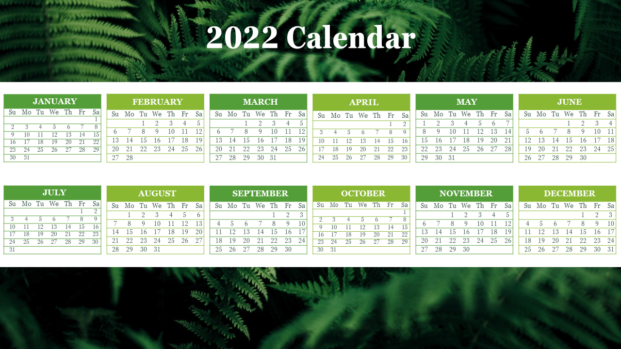 A 2022 calendar PPT template with a green foliage background, showing all months of the year.