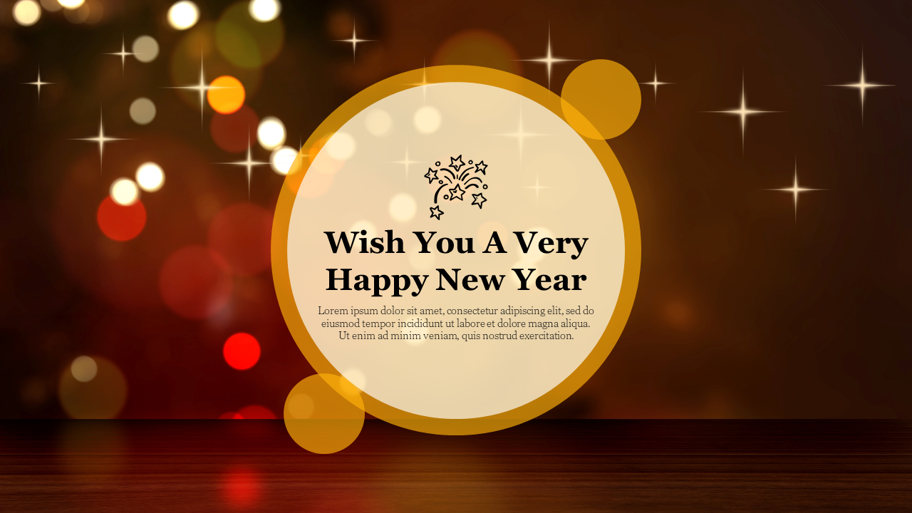 New Year greeting with a starry light bokeh effect, and a festive circular message with fireworks, on a warm background.