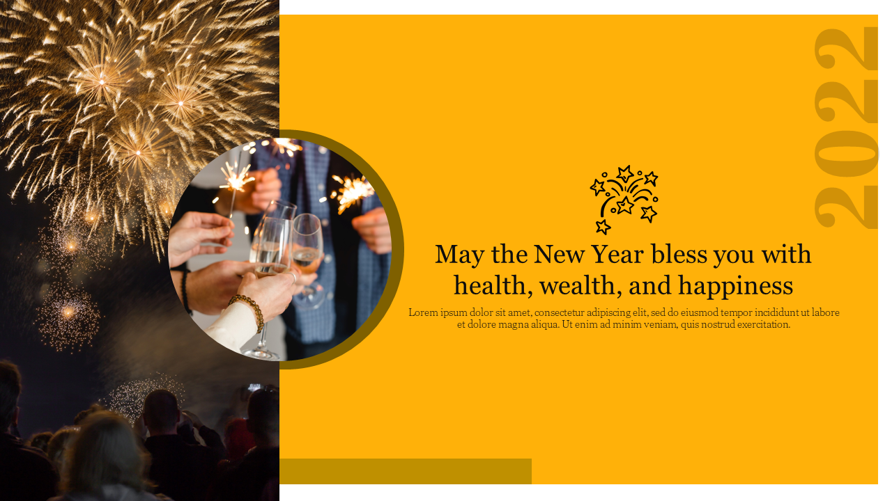 New Year 2022 PPT slide featuring fireworks, people toasting with drinks, and a festive greeting message on a yellow backdrop.