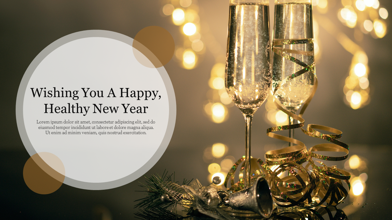 New Year greeting with champagne glasses, ribbons, a circular text box with message, and glowing lights in the background.