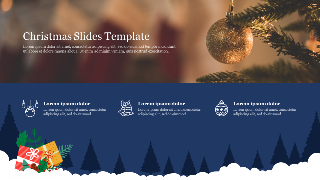 Christmas themed PowerPoint slide with a golden ornament and festive icons at the bottom on a blue theme.