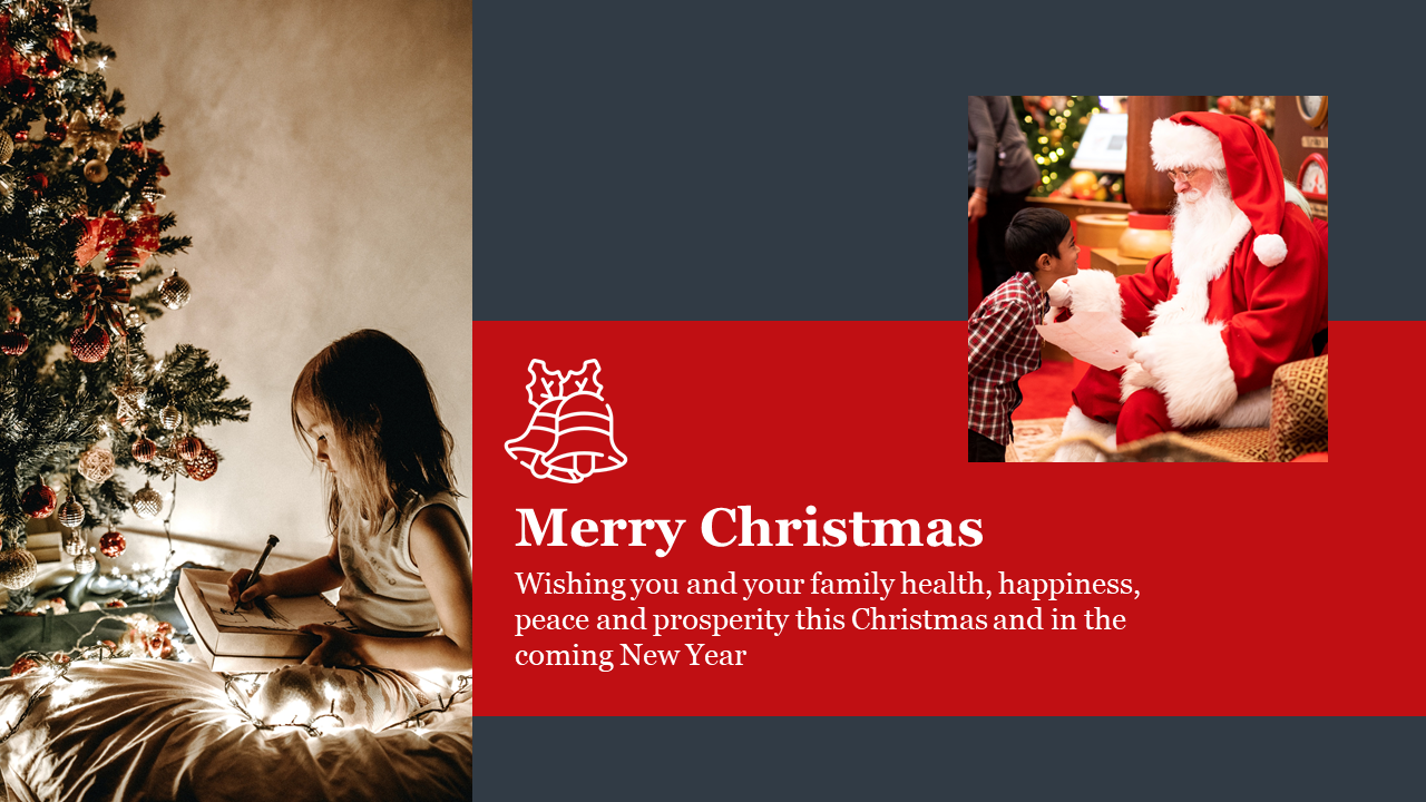 Christmas themed PowerPoint template featuring a child meeting Santa and a festive Christmas tree on a red theme.