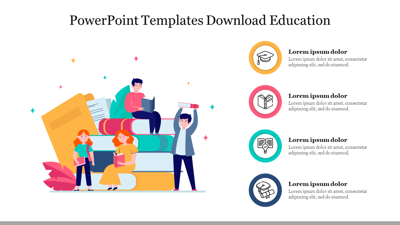 Educational slide with students reading on and around books, and color coded icons with placeholder text.