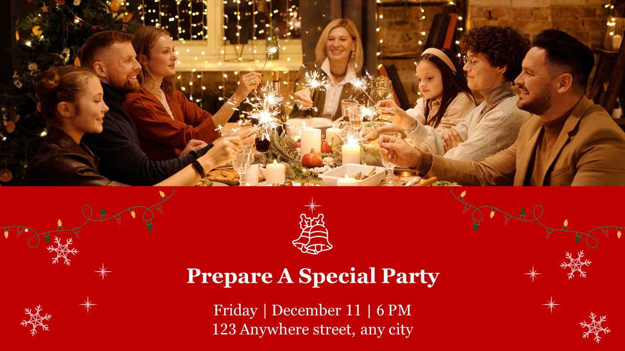 Christmas party invitation PowerPoint slide with a group of people celebrating around a dinner table on a red theme.