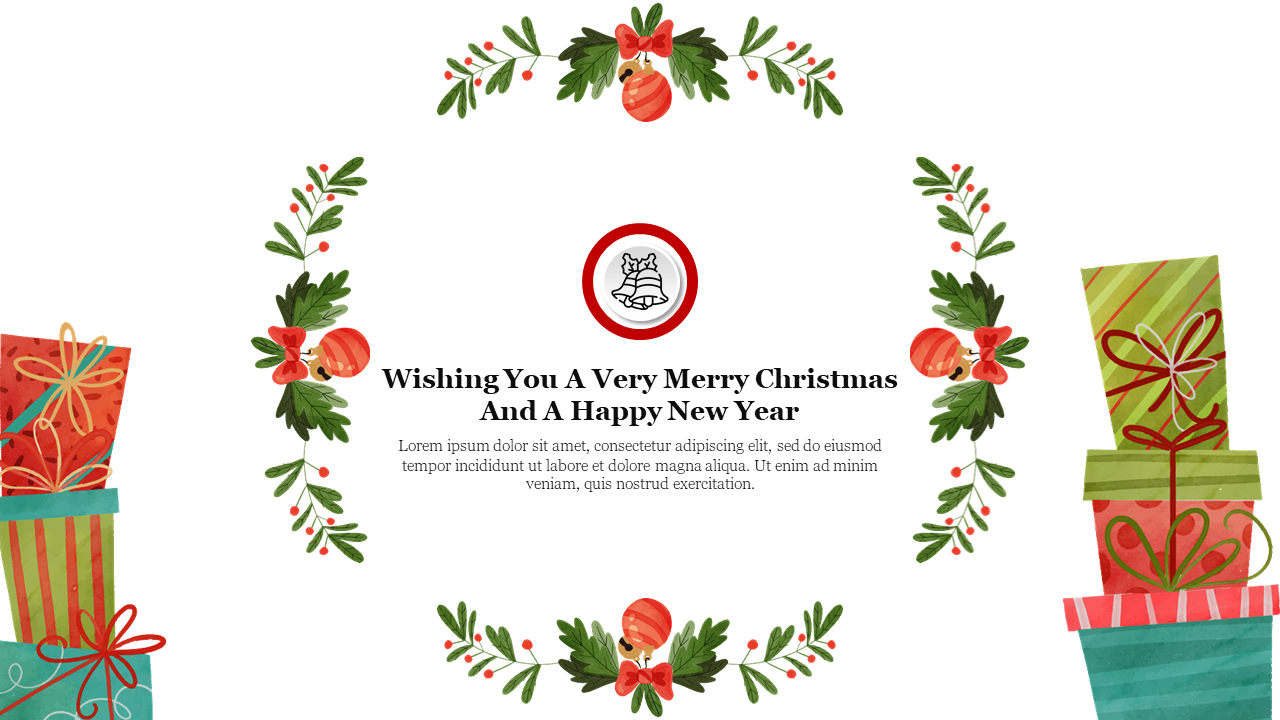 Christmas-themed template with festive wreaths, ornaments,  gift boxes framing the design and caption areas. 