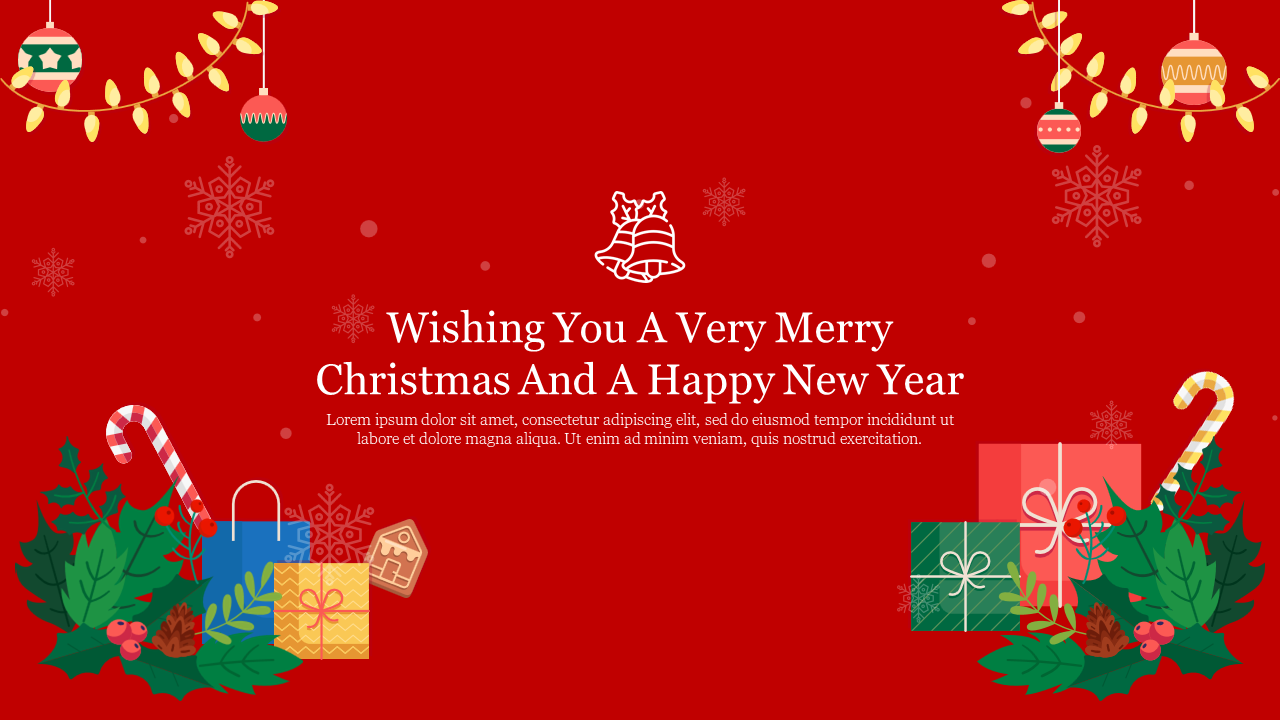 Christmas PowerPoint slide with a festive red background, gifts, candy canes, and a holiday greeting.