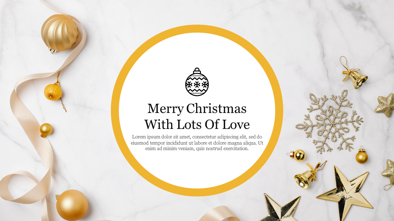 Holiday PowerPoint slide with golden decorations, ribbons, and a Christmas greeting inside a yellow circle.