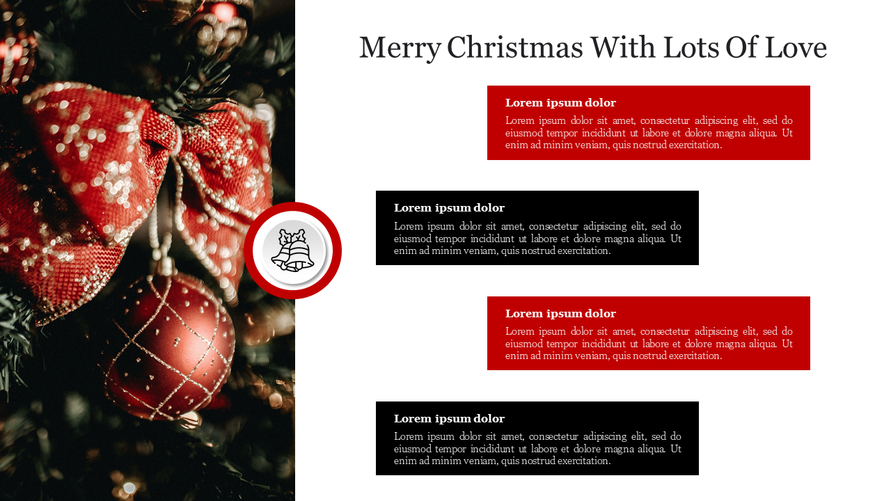 Christmas themed PowerPoint template with a red bow and ornament, featuring text boxes in festive colors.