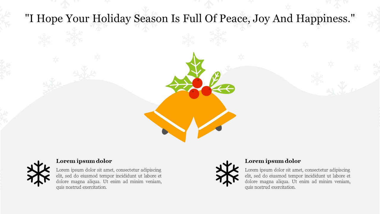 Yellow bells with holly centered on a snowy background, with two black snowflake icons and text sections below.