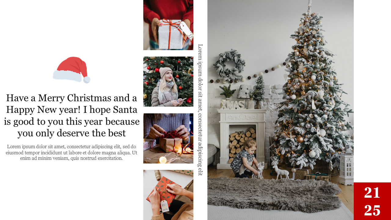 Christmas slide with images of gift wrapping, and a child playing near a decorated tree, with a greeting message.