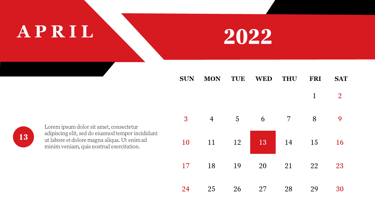 April 2022 calendar with red accents, featuring the 13th highlighted with a note for a PowerPoint template.