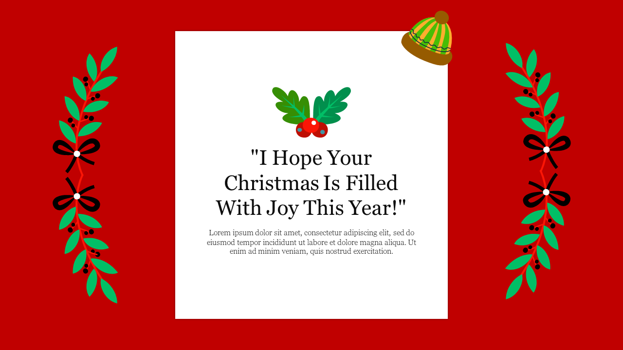 Christmas PowerPoint slide card with a festive red background, holly decorations, and a joyful holiday message.