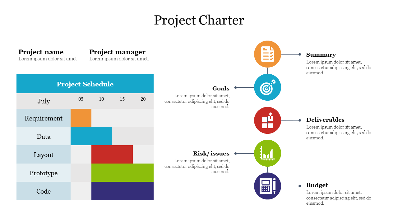 Slide with a project schedule chart on the left and colorful icons with text captions on the right.