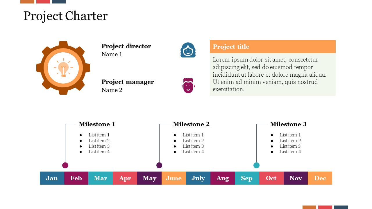 Project Charter slide displaying project director and manager details with a timeline for milestones with icons.