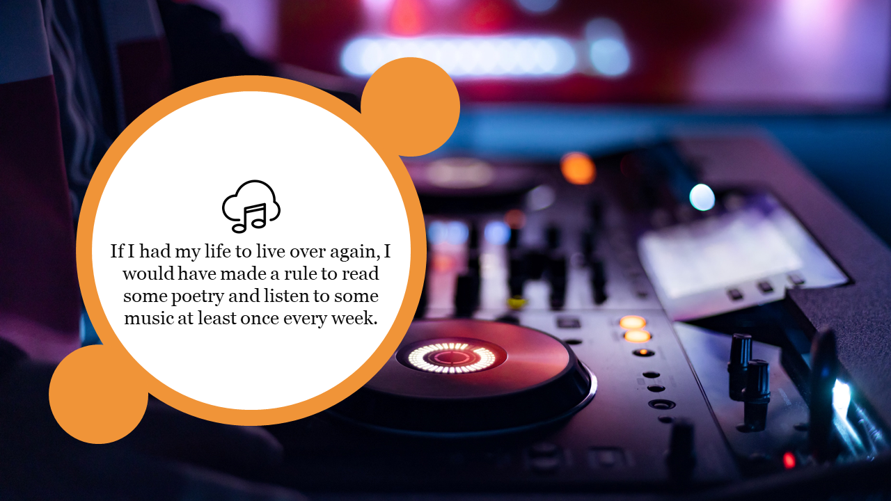 DJ setup in vibrant lighting with orange accented circular design overlay featuring text and a music icon.