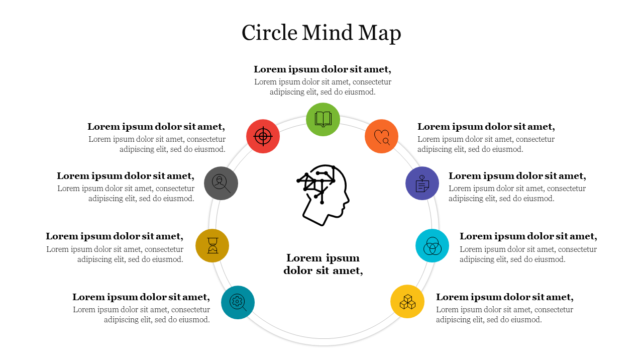 Diagram illustrating a circular mind map with various icons and text placeholders surrounding a central figure.