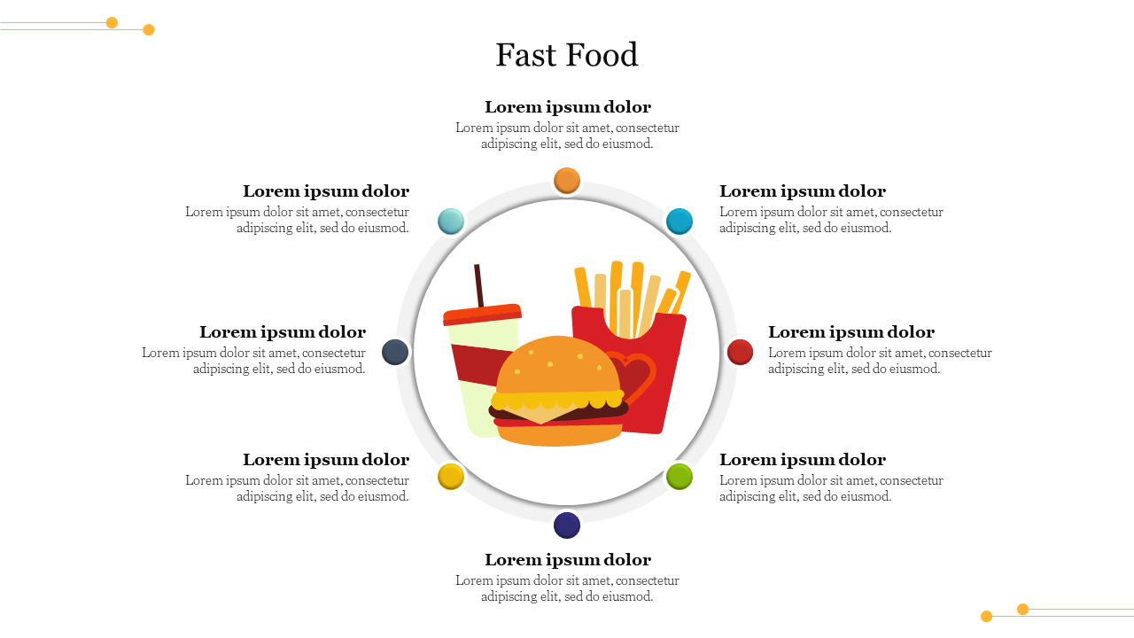 Central fast food illustration with a burger, fries, and drink, surrounded by eight colored dots in a circular pattern.