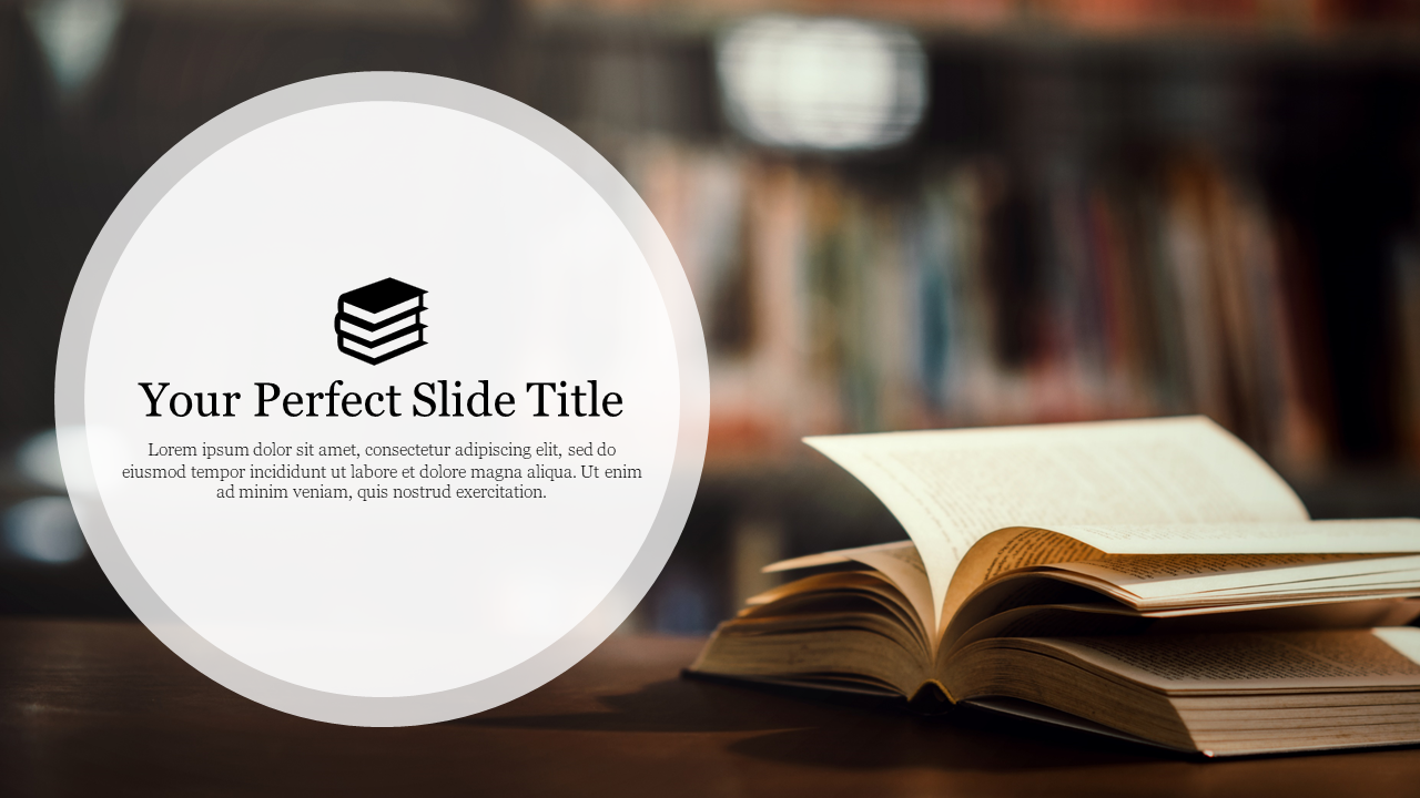 Open book slide on a wooden table with a blurred background, featuring a circular area for title text.