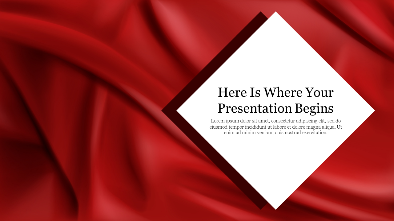 Red background slide with smooth folds and a white diamond shaped text area.