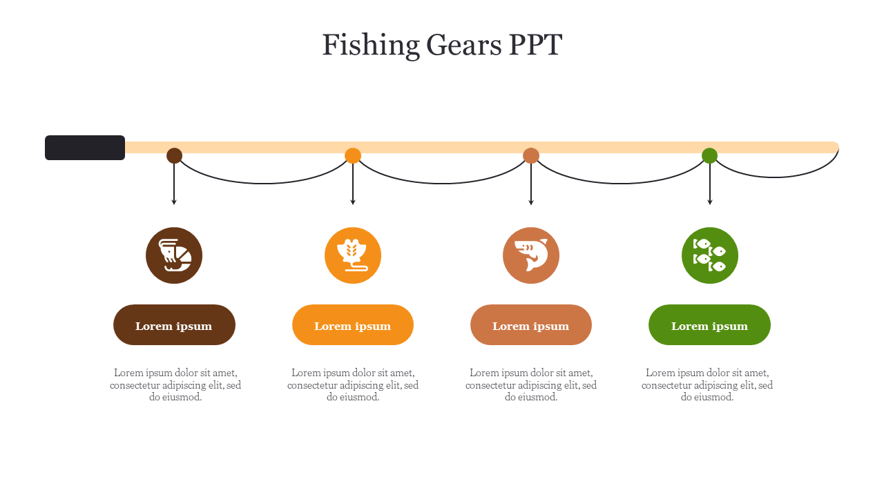 Slide showcasing fishing gears with a fishing rod at the top and five circular icons representing different elements below.