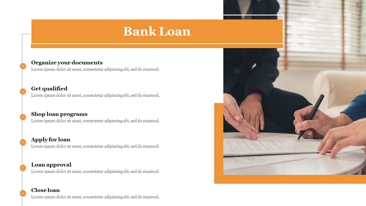 Bank loan process slide with a six-step list and an image of a person signing a document on the right with caption areas.