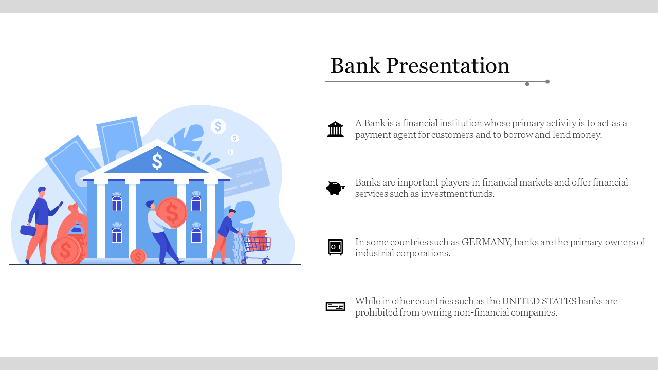 Bank PPT slide with an illustration of a bank building and information about banking roles and regulations with icons.