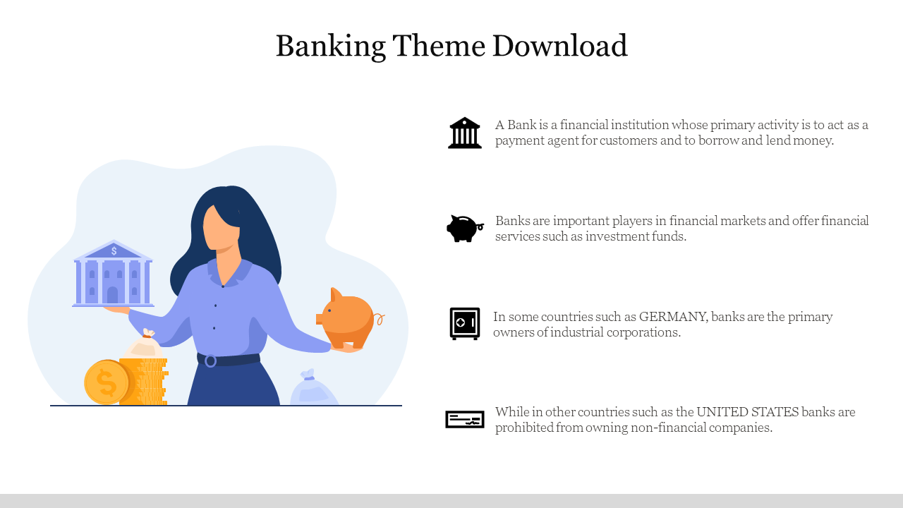 Illustration of a person holding a building and piggy bank financial icons and text explanations on the right.