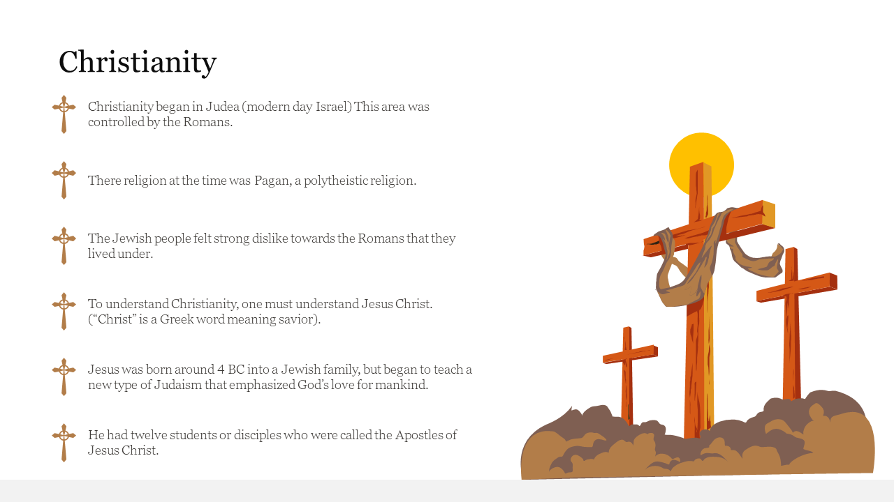 Illustration of three wooden crosses with a sunset background and key points about the origins of Christianity on the left.