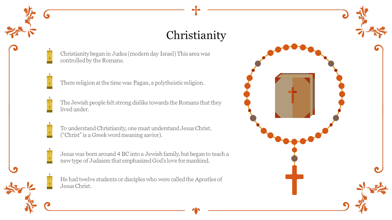 Christianity slide with bullet points on key aspects of the religion's history and beliefs, decorated with religious symbols.