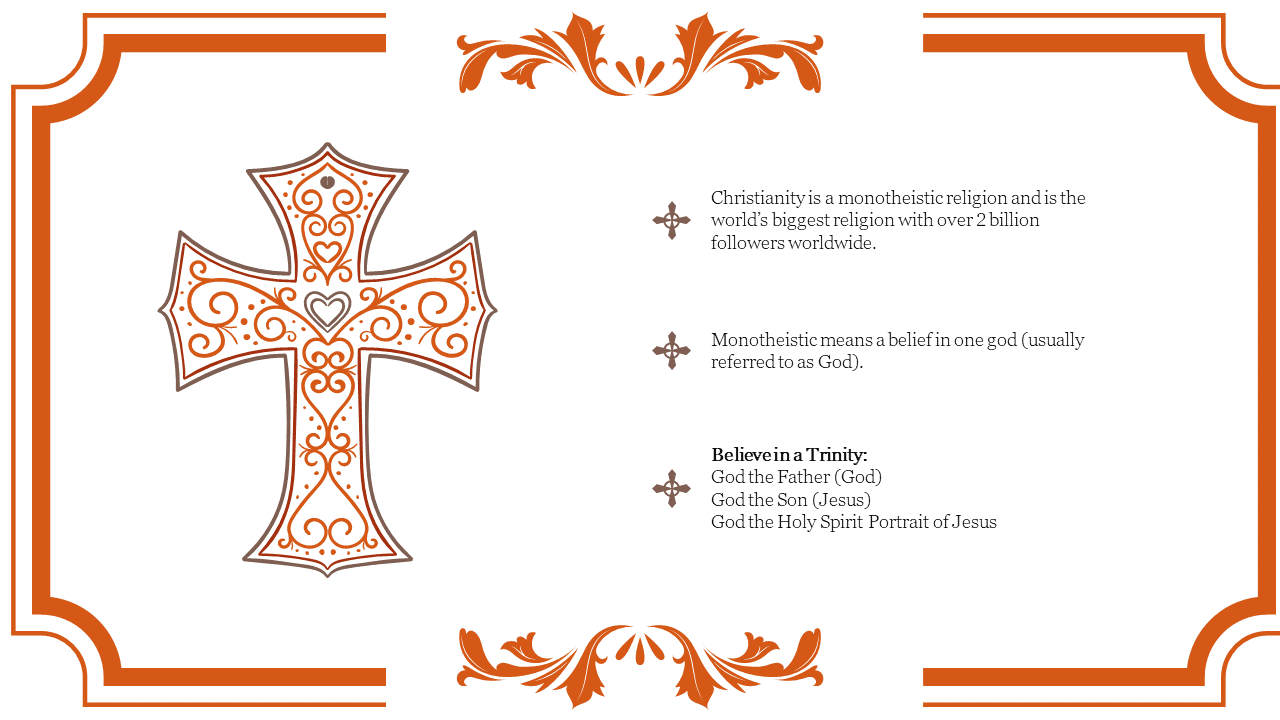 Christianity slide featuring an orange cross with floral patterns, bordered accents, and text on religious beliefs.