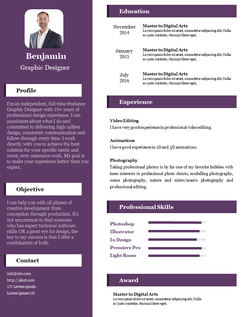 Resume layout with a purple sidebar of profile photo and personal details, alongside sections for education, and skills.