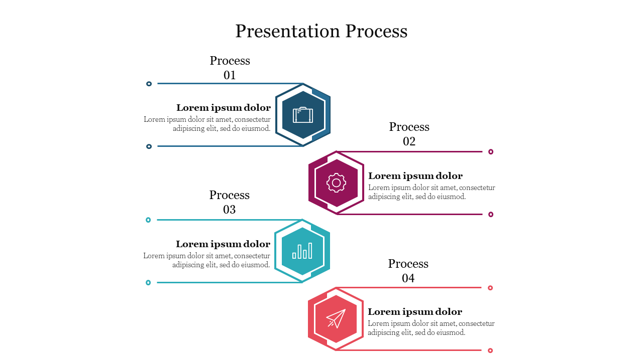 Vertical process diagram with hexagonal shapes in blue, magenta, teal, and red, connected by horizontal lines and dots.