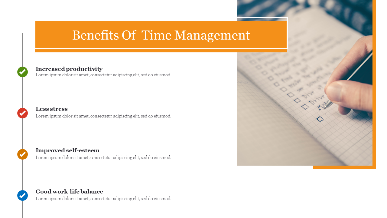 Slide on time management benefits showing key points like productivity boost, reduced stress, and enhanced work life balance.