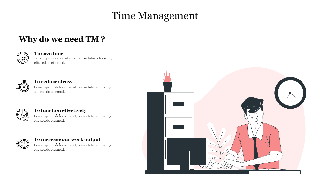 Presentation slide about time management, featuring icons and a person at a desk with a filing cabinet.