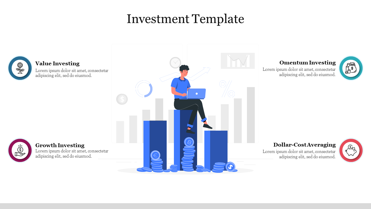 Visual representation of investment strategies, including icons, bar graphs, and a central figure with a laptop.