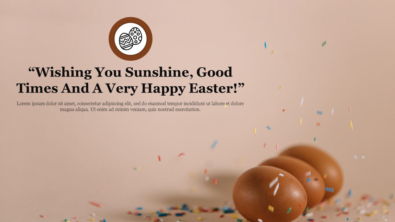 Easter themed PowerPoint background slide with decorated eggs and confetti, featuring a festive quote.