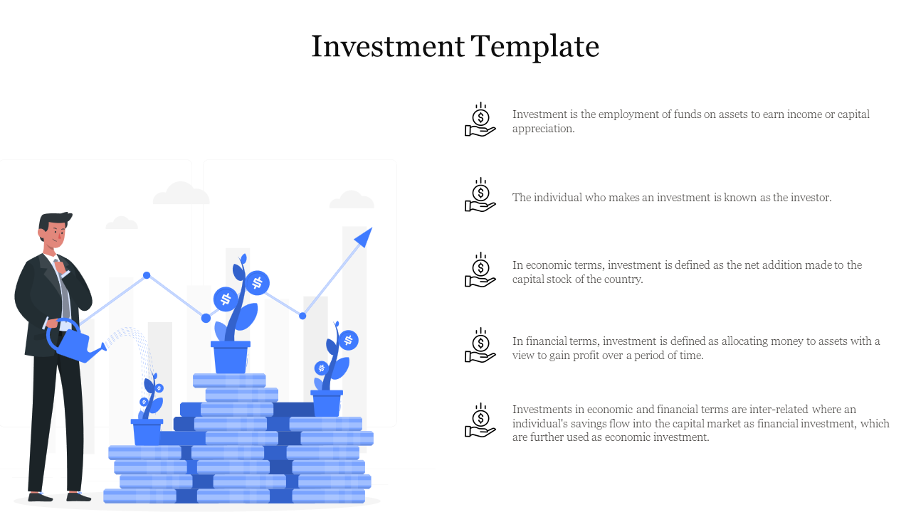 Illustration of a man watering plants on a pile of coins in blue accents, with a list of investment text on the right.