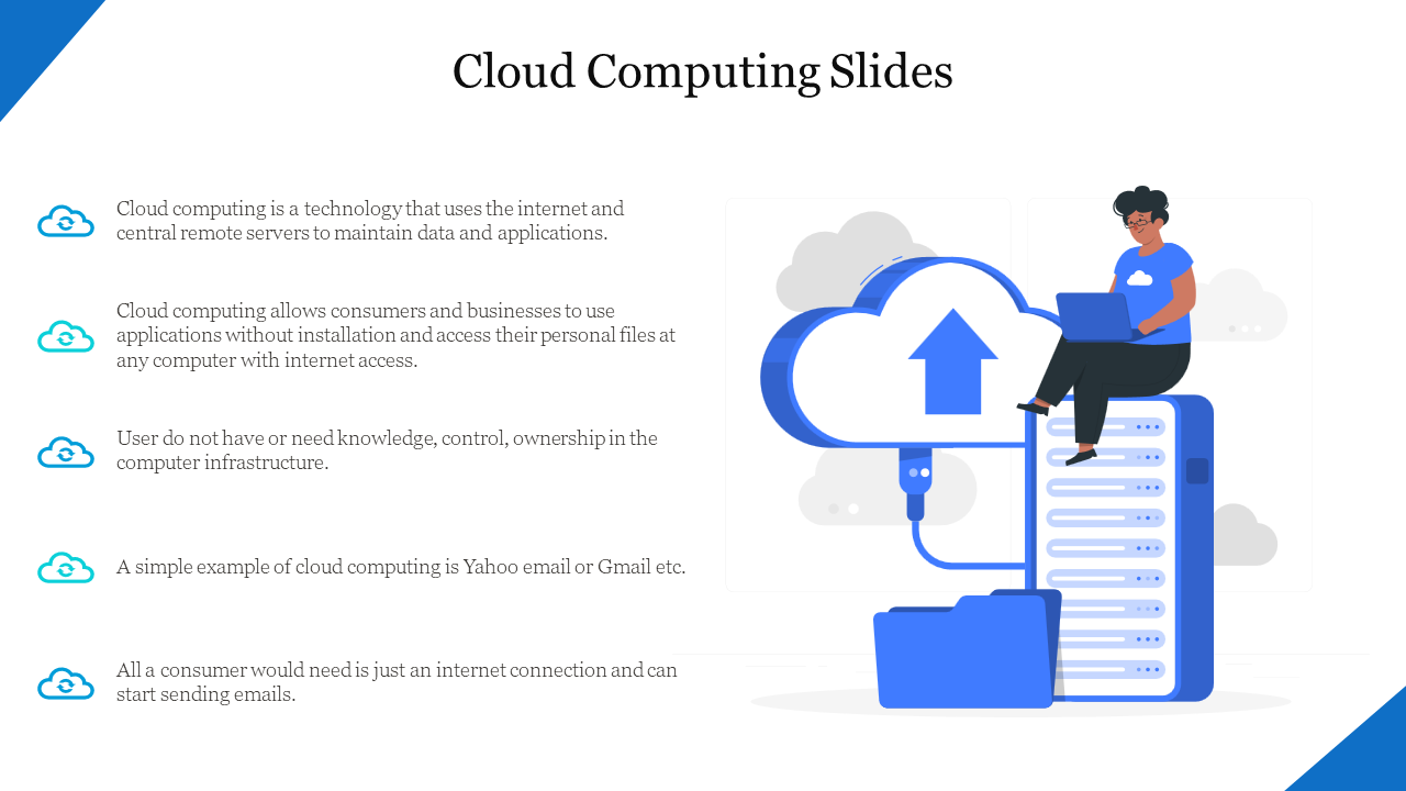 Blue themed cloud computing illustration with icons and text detailing benefits, featuring a person on a server.