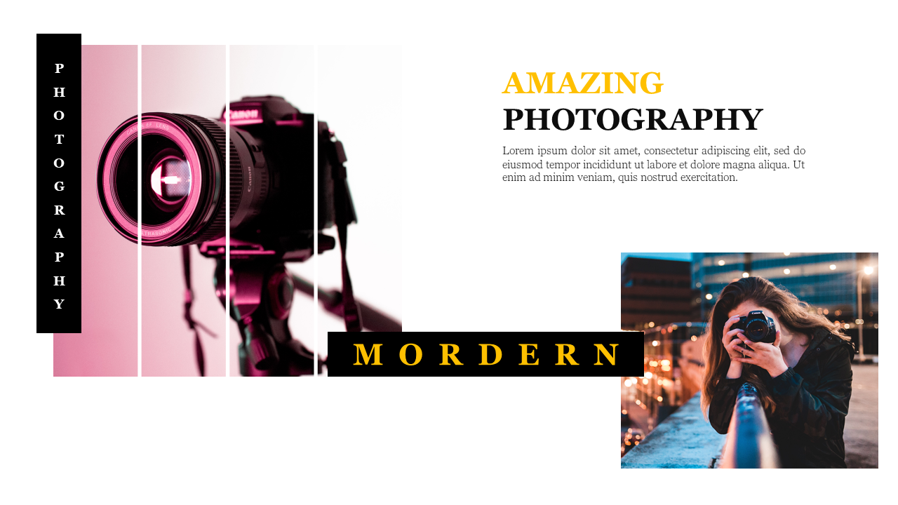 Modern photography slide with a creative layout of a camera photo, bold text, and a cityscape photography image.