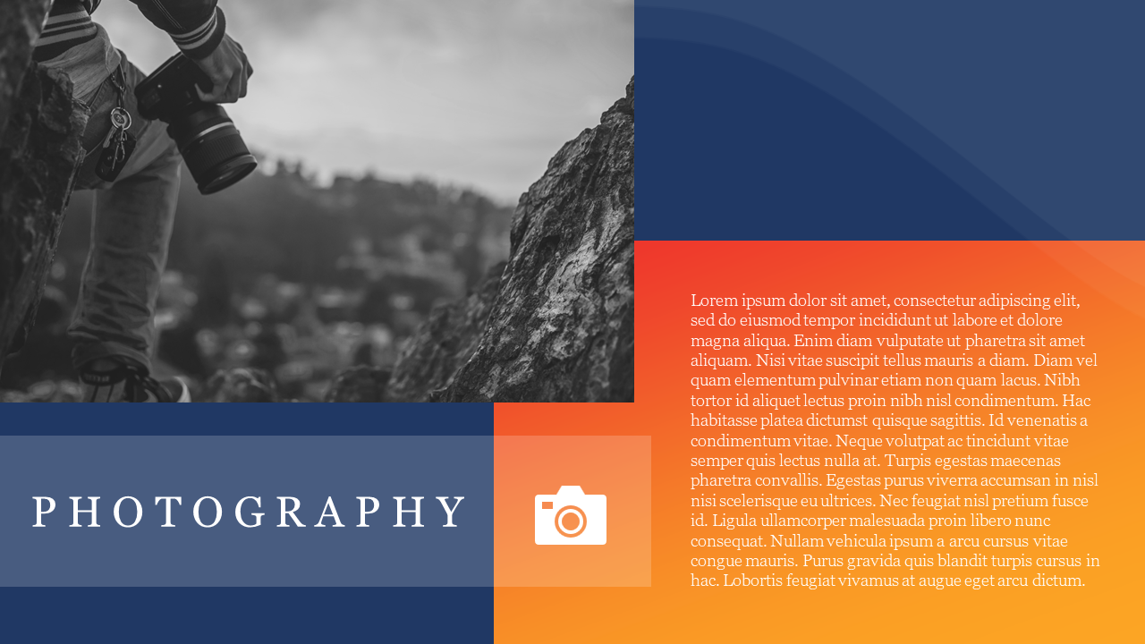 Split design with a blue and orange gradient, featuring a photography icon and a person holding a camera on a mountain view.