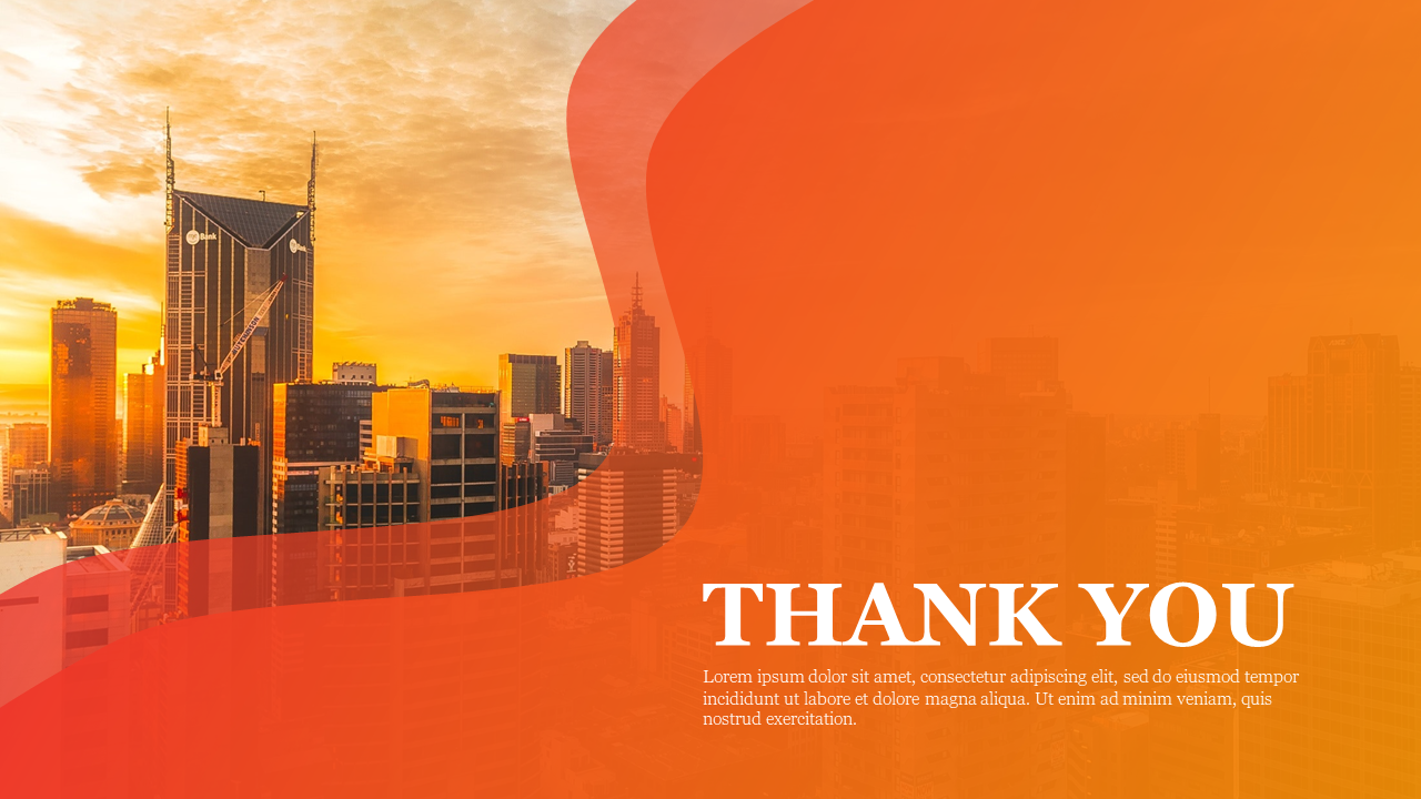 A template with bold thank you text on an orange background, set against a city skyline backdrop.